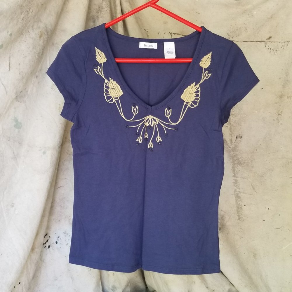 Liz & Co Vintage 90's Blue V-neck Top Floral design Very-Short Sleeves  Medium